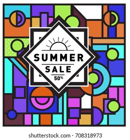 Summer sale memphis style web banner. Fashion and travel discount poster. Vector holiday Abstract colorful retro illustration with special offer and promotion.