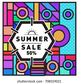 Summer sale memphis style web banner. Fashion and travel discount poster. Vector holiday Abstract colorful retro illustration with special offer and promotion.