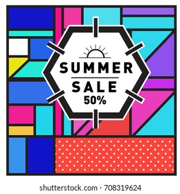 Summer sale memphis style web banner. Fashion and travel discount poster. Vector holiday Abstract colorful retro illustration with special offer and promotion.