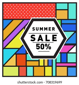 Summer sale memphis style web banner. Fashion and travel discount poster. Vector holiday Abstract colorful retro illustration with special offer and promotion.