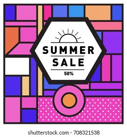 Summer sale memphis style web banner. Fashion and travel discount poster. Vector holiday Abstract colorful retro illustration with special offer and promotion.