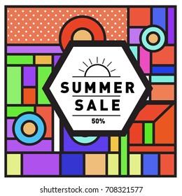 Summer sale memphis style web banner. Fashion and travel discount poster. Vector holiday Abstract colorful retro illustration with special offer and promotion.