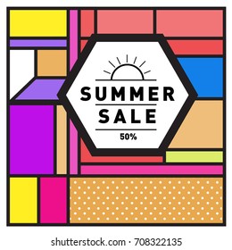Summer sale memphis style web banner. Fashion and travel discount poster. Vector holiday Abstract colorful retro illustration with special offer and promotion.