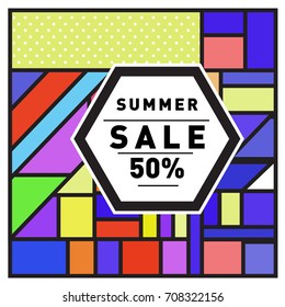 Summer sale memphis style web banner. Fashion and travel discount poster. Vector holiday Abstract colorful retro illustration with special offer and promotion.