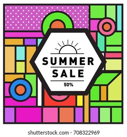 Summer sale memphis style web banner. Fashion and travel discount poster. Vector holiday Abstract colorful retro illustration with special offer and promotion.