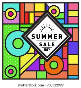 Summer sale memphis style web banner. Fashion and travel discount poster. Vector holiday Abstract colorful retro illustration with special offer and promotion.