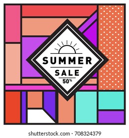 Summer sale memphis style web banner. Fashion and travel discount poster. Vector holiday Abstract colorful retro illustration with special offer and promotion.