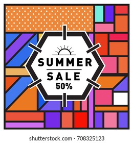 Summer sale memphis style web banner. Fashion and travel discount poster. Vector holiday Abstract colorful retro illustration with special offer and promotion.