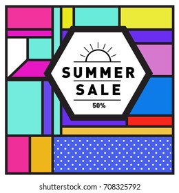 Summer sale memphis style web banner. Fashion and travel discount poster. Vector holiday Abstract colorful retro illustration with special offer and promotion.