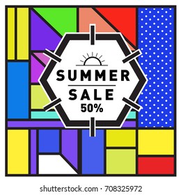 Summer sale memphis style web banner. Fashion and travel discount poster. Vector holiday Abstract colorful retro illustration with special offer and promotion.