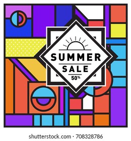 Summer sale memphis style web banner. Fashion and travel discount poster. Vector holiday Abstract colorful retro illustration with special offer and promotion.
