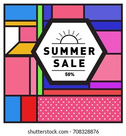 Summer sale memphis style web banner. Fashion and travel discount poster. Vector holiday Abstract colorful retro illustration with special offer and promotion.