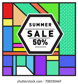 Summer sale memphis style web banner. Fashion and travel discount poster. Vector holiday Abstract colorful retro illustration with special offer and promotion.