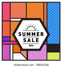 Summer sale memphis style web banner. Fashion and travel discount poster. Vector holiday Abstract colorful retro illustration with special offer and promotion.