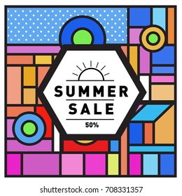 Summer sale memphis style web banner. Fashion and travel discount poster. Vector holiday Abstract colorful retro illustration with special offer and promotion.