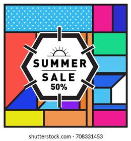 Summer sale memphis style web banner. Fashion and travel discount poster. Vector holiday Abstract colorful retro illustration with special offer and promotion.