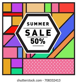 Summer sale memphis style web banner. Fashion and travel discount poster. Vector holiday Abstract colorful retro illustration with special offer and promotion.