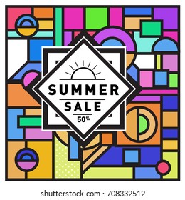Summer sale memphis style web banner. Fashion and travel discount poster. Vector holiday Abstract colorful retro illustration with special offer and promotion.
