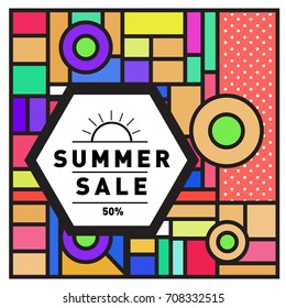 Summer sale memphis style web banner. Fashion and travel discount poster. Vector holiday Abstract colorful retro illustration with special offer and promotion.