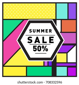 Summer sale memphis style web banner. Fashion and travel discount poster. Vector holiday Abstract colorful retro illustration with special offer and promotion.