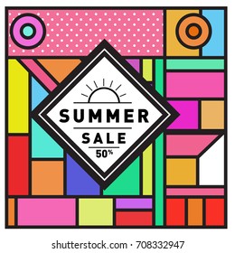 Summer sale memphis style web banner. Fashion and travel discount poster. Vector holiday Abstract colorful retro illustration with special offer and promotion.
