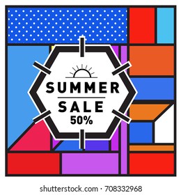 Summer sale memphis style web banner. Fashion and travel discount poster. Vector holiday Abstract colorful retro illustration with special offer and promotion.