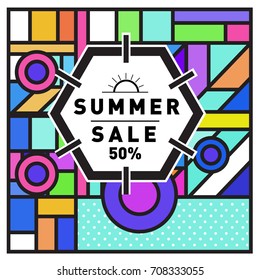 Summer sale memphis style web banner. Fashion and travel discount poster. Vector holiday Abstract colorful retro illustration with special offer and promotion.