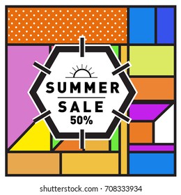 Summer sale memphis style web banner. Fashion and travel discount poster. Vector holiday Abstract colorful retro illustration with special offer and promotion.