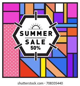 Summer sale memphis style web banner. Fashion and travel discount poster. Vector holiday Abstract colorful retro illustration with special offer and promotion.