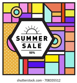 Summer sale memphis style web banner. Fashion and travel discount poster. Vector holiday Abstract colorful retro illustration with special offer and promotion.