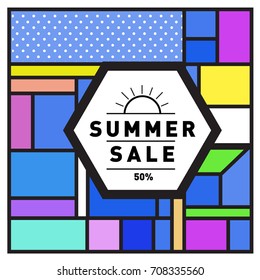 Summer sale memphis style web banner. Fashion and travel discount poster. Vector holiday Abstract colorful retro illustration with special offer and promotion.