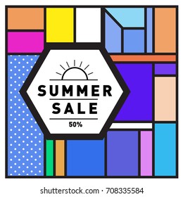 Summer sale memphis style web banner. Fashion and travel discount poster. Vector holiday Abstract colorful retro illustration with special offer and promotion.