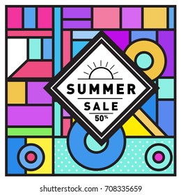 Summer sale memphis style web banner. Fashion and travel discount poster. Vector holiday Abstract colorful retro illustration with special offer and promotion.