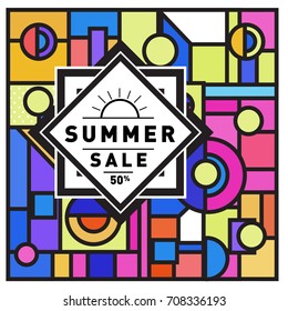 Summer sale memphis style web banner. Fashion and travel discount poster. Vector holiday Abstract colorful retro illustration with special offer and promotion.