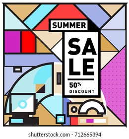 Summer sale memphis style web banner. Fashion and travel discount poster. Vector holiday Abstract colorful retro illustration with special offer and promotion.