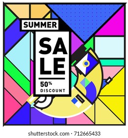 Summer sale memphis style web banner. Fashion and travel discount poster. Vector holiday Abstract colorful retro illustration with special offer and promotion.