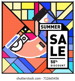 Summer sale memphis style web banner. Fashion and travel discount poster. Vector holiday Abstract colorful retro illustration with special offer and promotion.