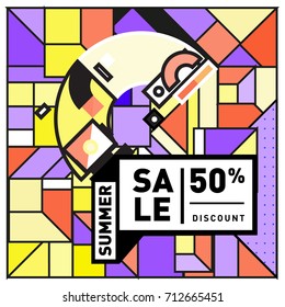 Summer sale memphis style web banner. Fashion and travel discount poster. Vector holiday Abstract colorful retro illustration with special offer and promotion.