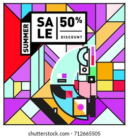 Summer sale memphis style web banner. Fashion and travel discount poster. Vector holiday Abstract colorful retro illustration with special offer and promotion.