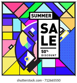 Summer sale memphis style web banner. Fashion and travel discount poster. Vector holiday Abstract colorful retro illustration with special offer and promotion.