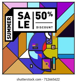 Summer sale memphis style web banner. Fashion and travel discount poster. Vector holiday Abstract colorful retro illustration with special offer and promotion.