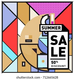 Summer sale memphis style web banner. Fashion and travel discount poster. Vector holiday Abstract colorful retro illustration with special offer and promotion.