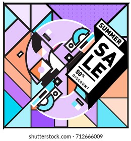 Summer sale memphis style web banner. Fashion and travel discount poster. Vector holiday Abstract colorful retro illustration with special offer and promotion.