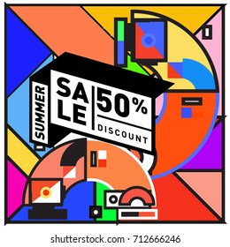 Summer sale memphis style web banner. Fashion and travel discount poster. Vector holiday Abstract colorful retro illustration with special offer and promotion.