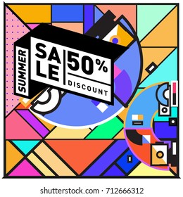 Summer sale memphis style web banner. Fashion and travel discount poster. Vector holiday Abstract colorful retro illustration with special offer and promotion.