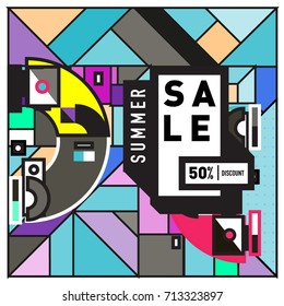Summer sale memphis style web banner. Fashion and travel discount poster. Vector holiday Abstract colorful retro illustration with special offer and promotion.