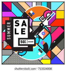 Summer sale memphis style web banner. Fashion and travel discount poster. Vector holiday Abstract colorful retro illustration with special offer and promotion.