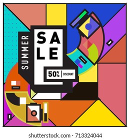 Summer sale memphis style web banner. Fashion and travel discount poster. Vector holiday Abstract colorful retro illustration with special offer and promotion.