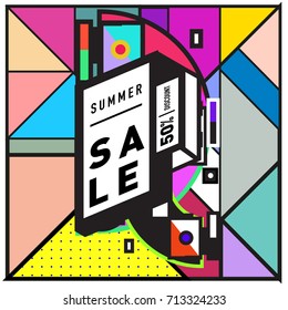 Summer sale memphis style web banner. Fashion and travel discount poster. Vector holiday Abstract colorful retro illustration with special offer and promotion.