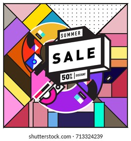 Summer sale memphis style web banner. Fashion and travel discount poster. Vector holiday Abstract colorful retro illustration with special offer and promotion.